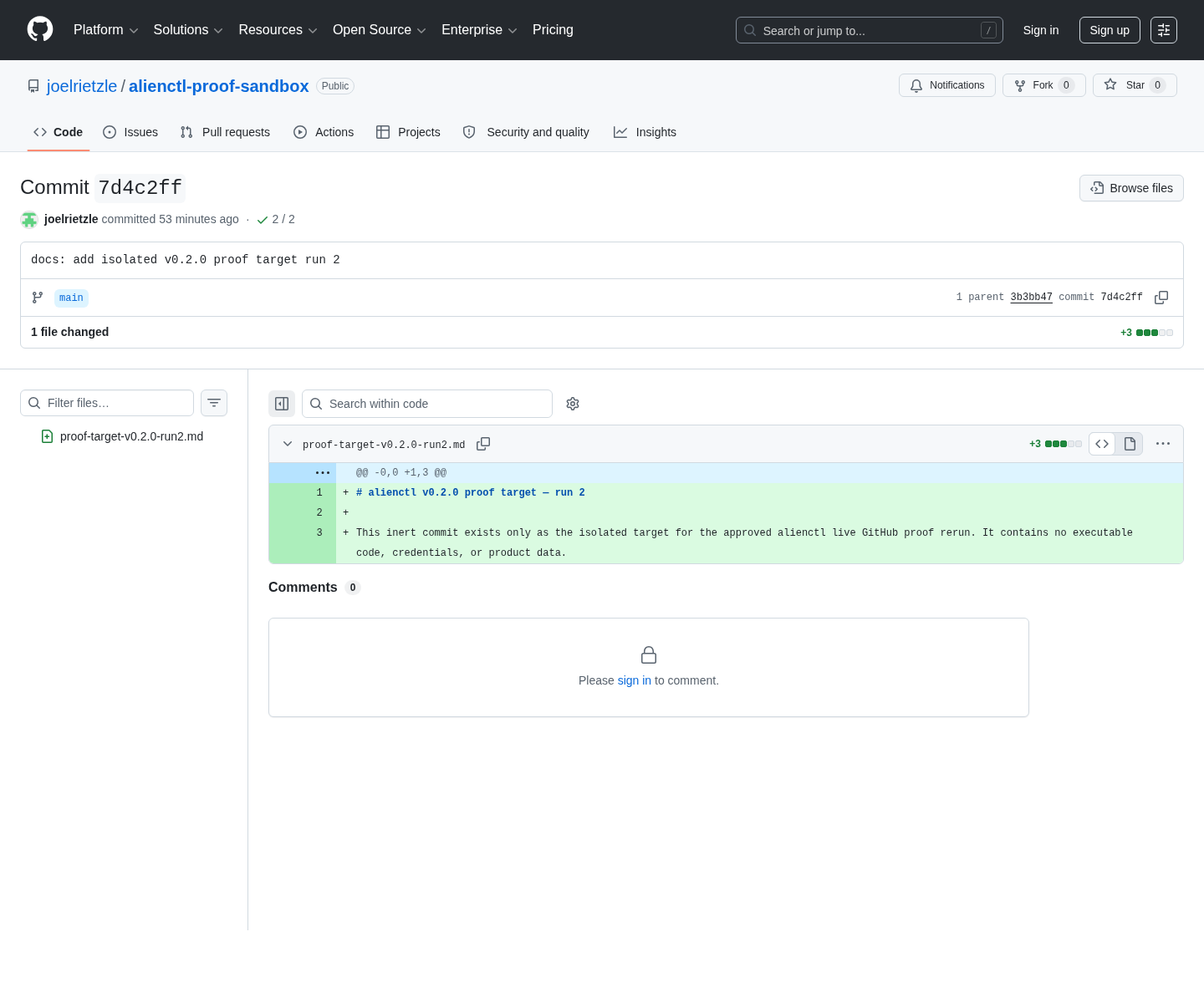 Public GitHub test commit showing two of two status checks passing